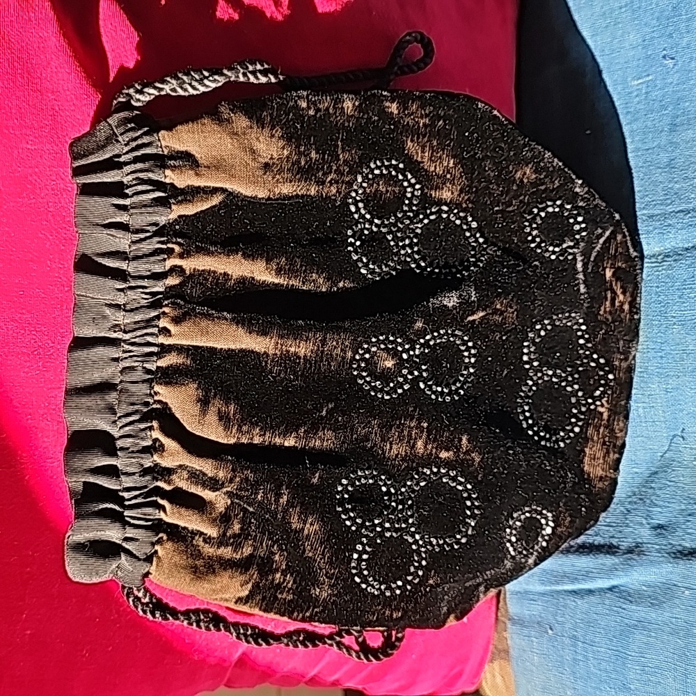 Beaded Black Velvet / Satin drawstring Vintage evening bag